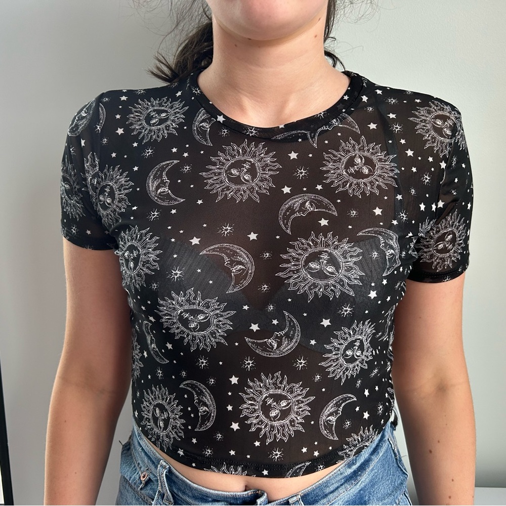 Sun and moon design black mesh crop top
